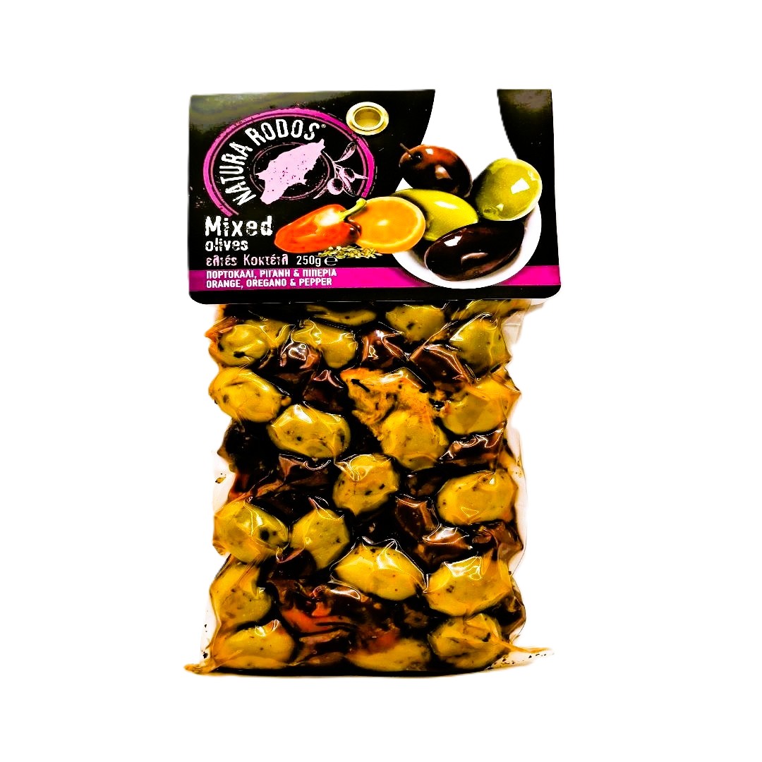 10-006229 NATURA RODOS GREEK OLIVES ORANGE&PEPPER 250g - Image 1