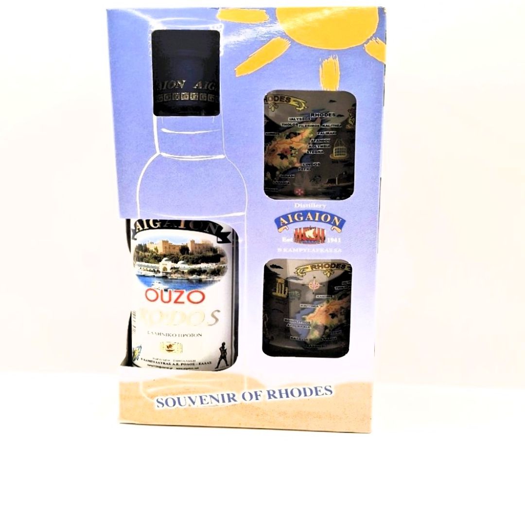 11-002269 AIGAION GIFT SET OUZO 200ml WITH 2 SHOT GLASSES - Image 1
